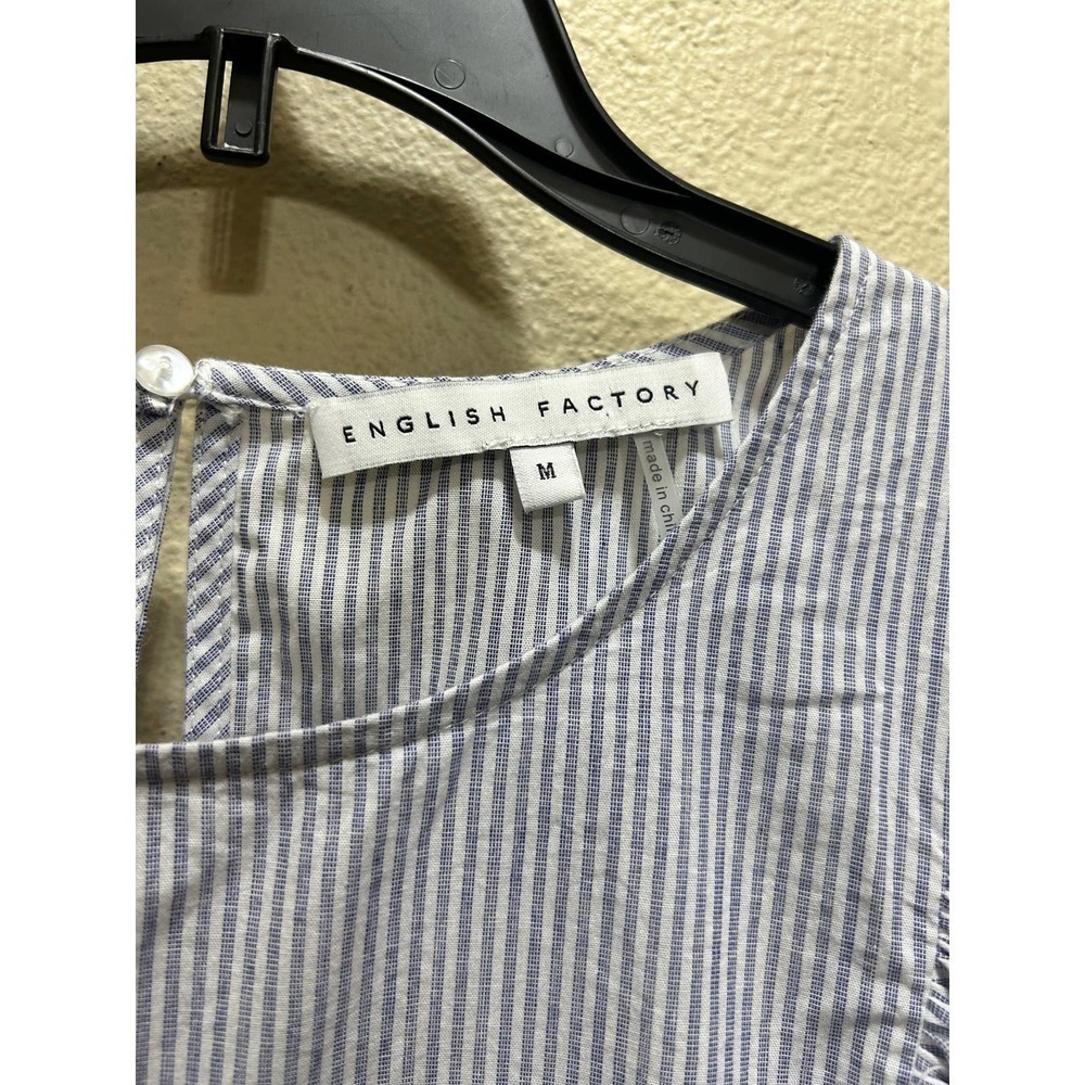ENGLISH FACTORY Blue White Pinstripe Shirt M Ruffle Cap Top Boho Indie Festival - Picture 4 of 9